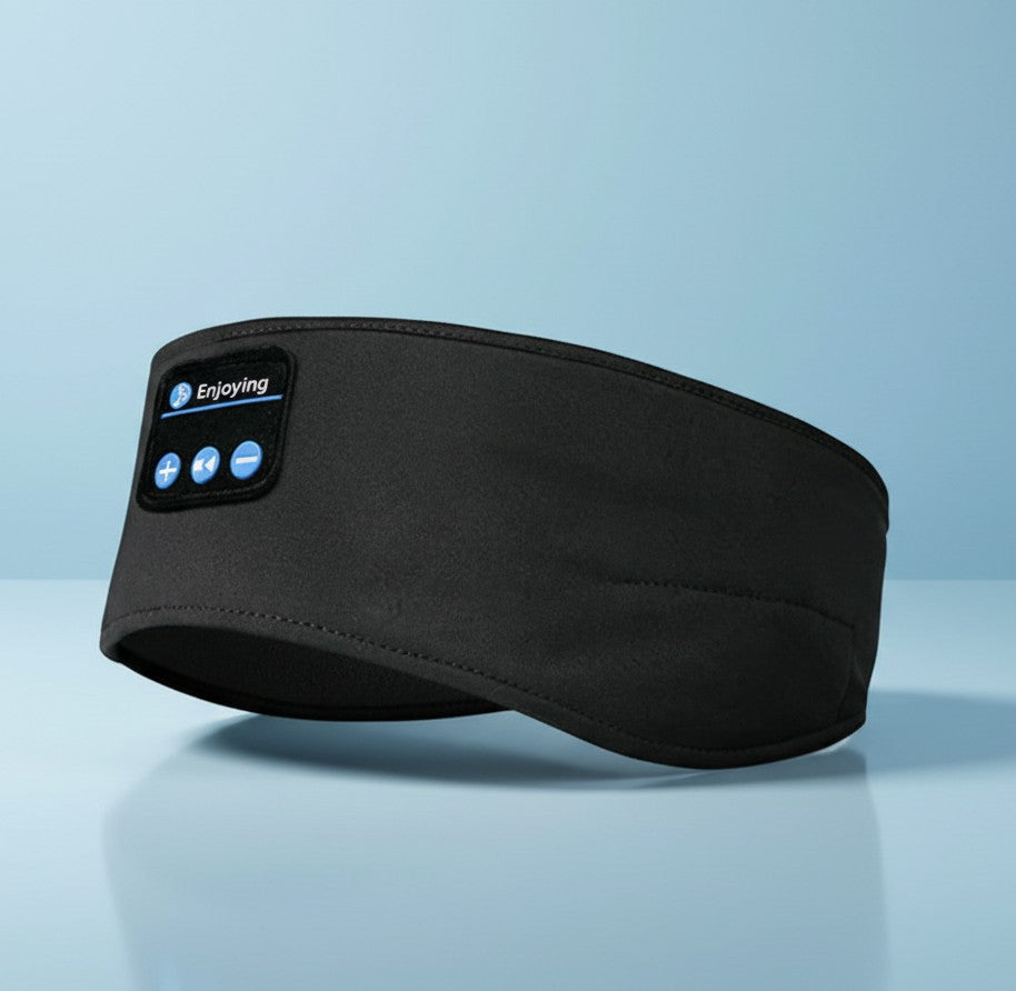 SkiWell black wireless Bluetooth music headband with integrated control panel for sports and sleep