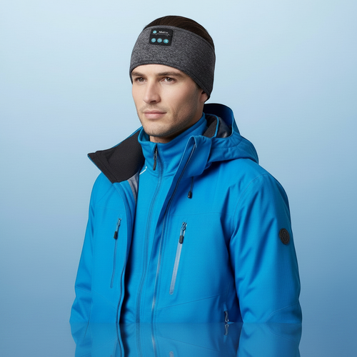 SkiWell man wearing a grey cationic polyester wireless Bluetooth music headband with integrated control buttons